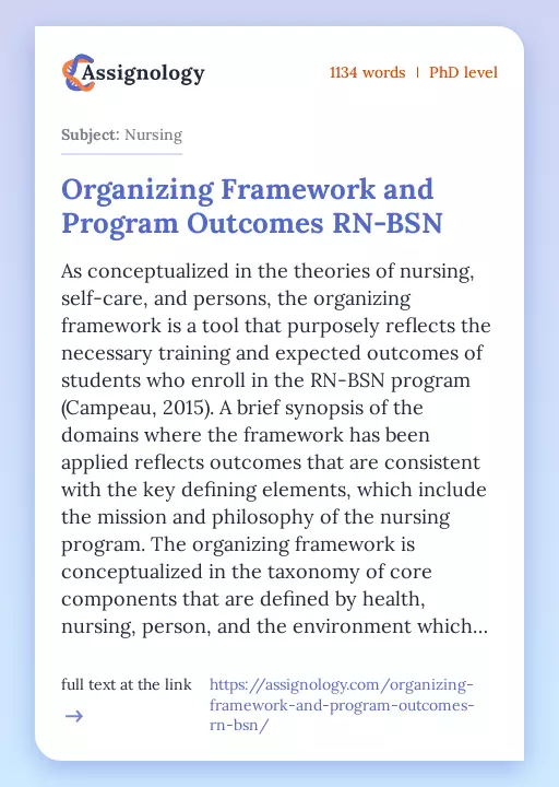 Organizing Framework and Program Outcomes RN-BSN - Essay Preview
