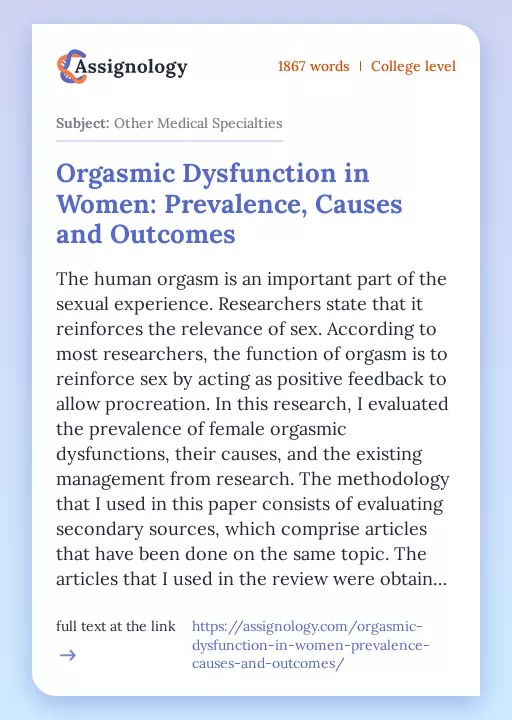 Orgasmic Dysfunction in Women: Prevalence, Causes and Outcomes - Essay Preview