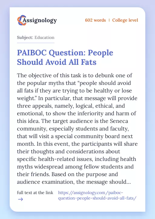 PAIBOC Question: People Should Avoid All Fats - Essay Preview