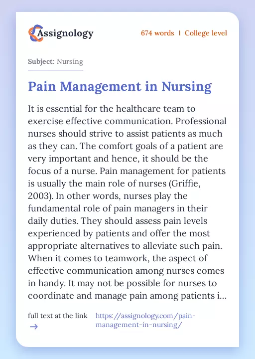 Pain Management in Nursing - Essay Preview