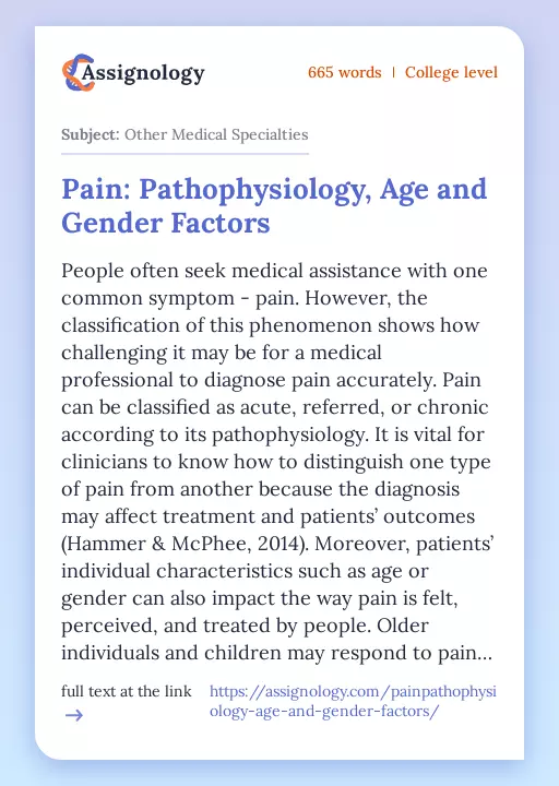 Pain: Pathophysiology, Age and Gender Factors - Essay Preview