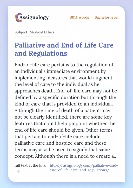 Palliative and End of Life Care and Regulations - Essay Preview