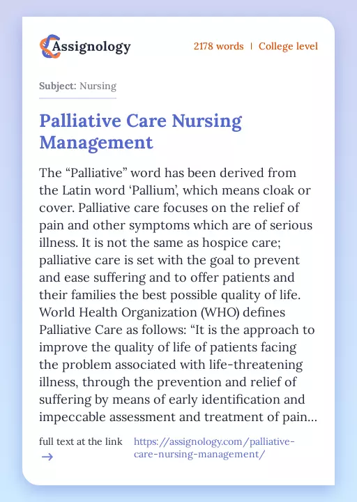 Palliative Care Nursing Management - Essay Preview