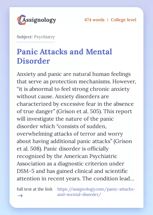 Panic Attacks and Mental Disorder - Essay Preview