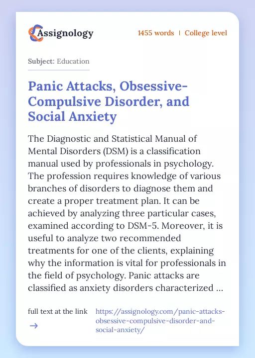 Panic Attacks, Obsessive-Compulsive Disorder, and Social Anxiety - Essay Preview