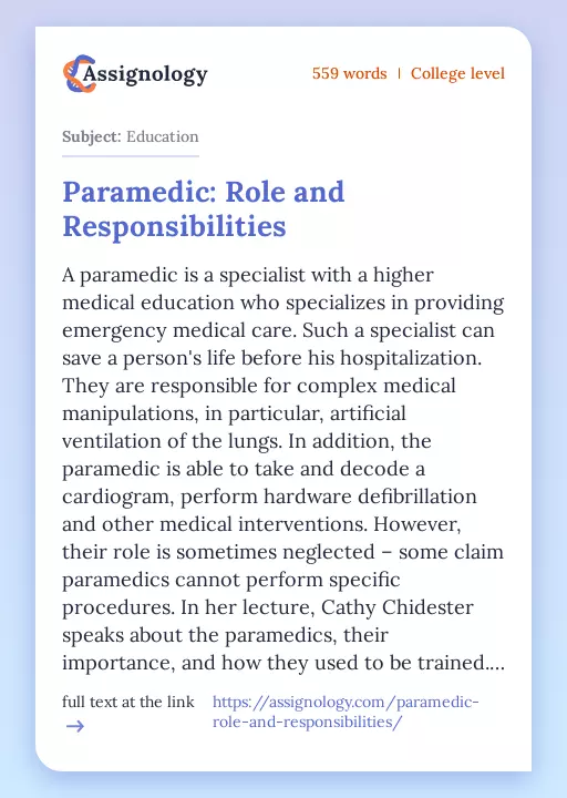 Paramedic: Role and Responsibilities - Essay Preview