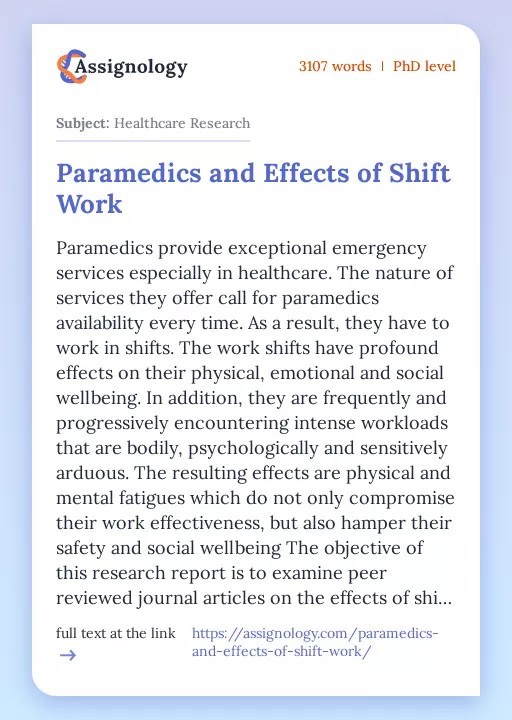 Paramedics and Effects of Shift Work - Essay Preview