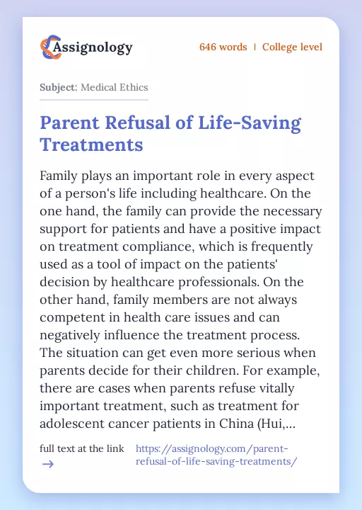 Parent Refusal of Life-Saving Treatments - Essay Preview