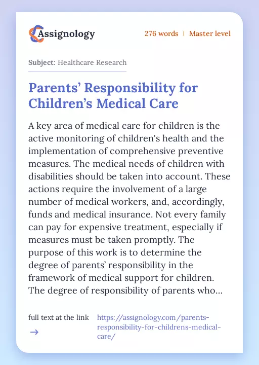 Parents’ Responsibility for Children’s Medical Care - Essay Preview
