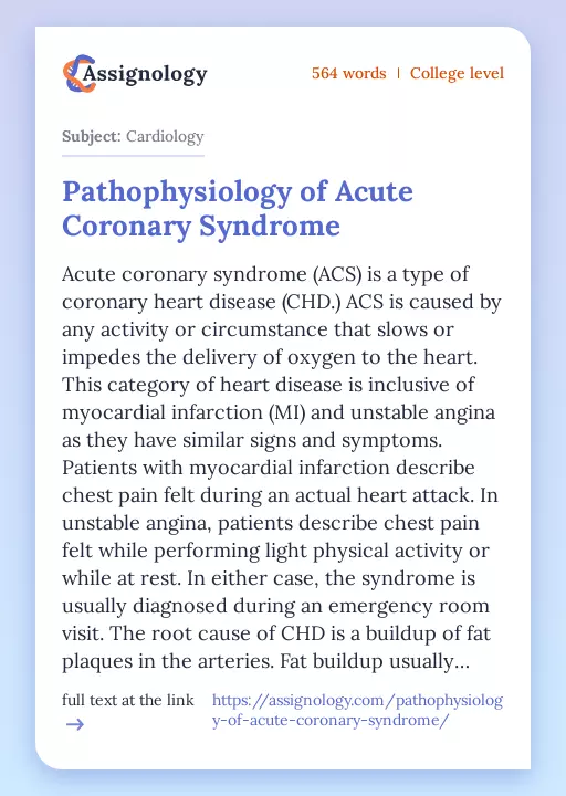 Pathophysiology of Acute Coronary Syndrome - Essay Preview