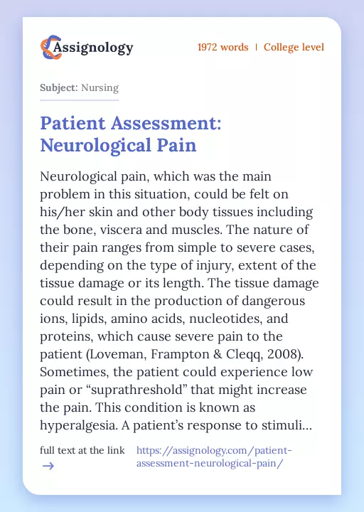 Patient Assessment: Neurological Pain - Essay Preview