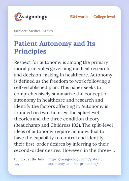 Patient Autonomy and Its Principles - Essay Preview