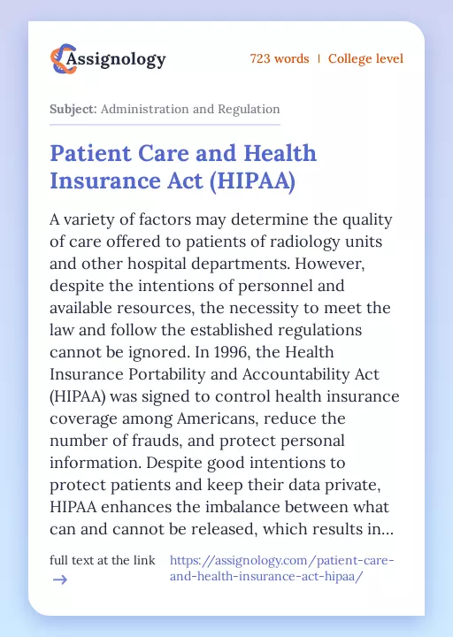 Patient Care and Health Insurance Act (HIPAA) - Essay Preview