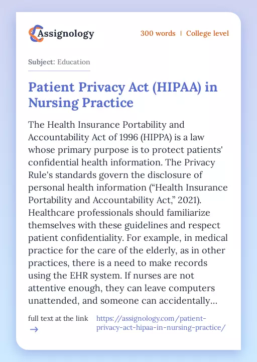 Patient Privacy Act (HIPAA) in Nursing Practice - Essay Preview