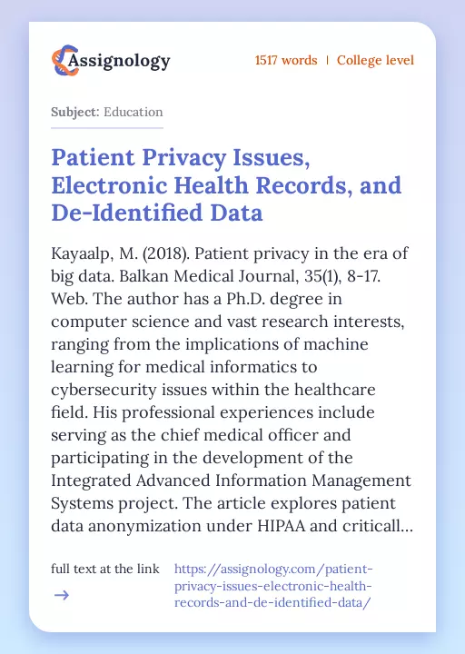 Patient Privacy Issues, Electronic Health Records, and De-Identified Data - Essay Preview