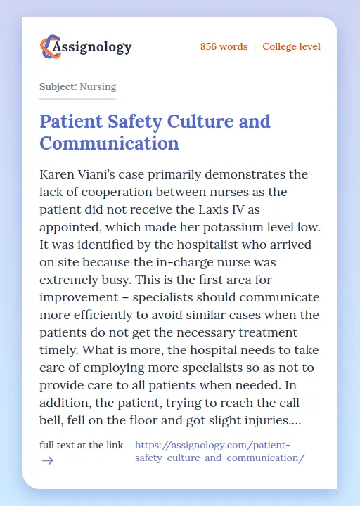 Patient Safety Culture and Communication - Essay Preview