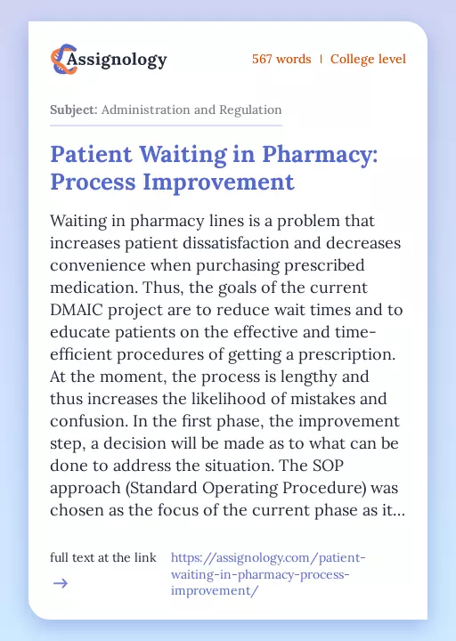 Patient Waiting in Pharmacy: Process Improvement - Essay Preview