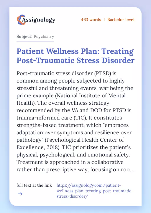 Patient Wellness Plan: Treating Post-Traumatic Stress Disorder - Essay Preview