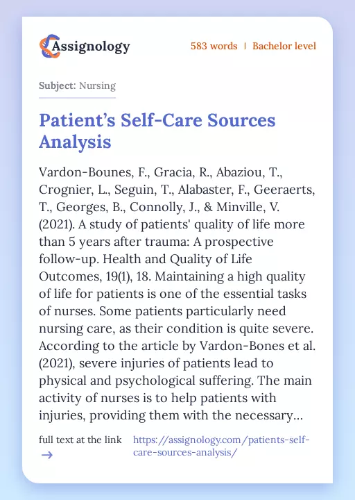 Patient’s Self-Care Sources Analysis - Essay Preview