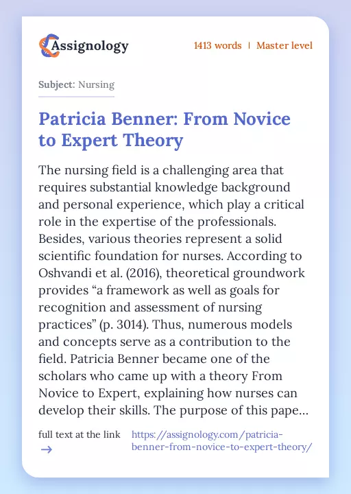 Patricia Benner: From Novice to Expert Theory - Essay Preview