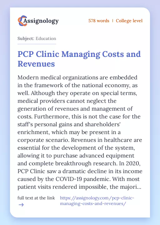 PCP Clinic Managing Costs and Revenues - Essay Preview