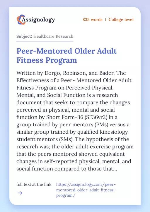 Peer-Mentored Older Adult Fitness Program - Essay Preview