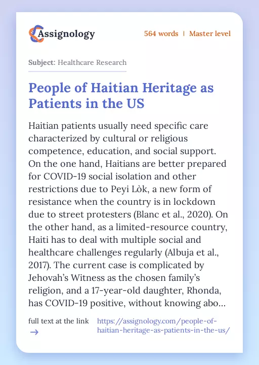 People of Haitian Heritage as Patients in the US - Essay Preview