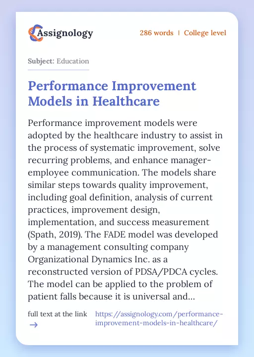 Performance Improvement Models in Healthcare - Essay Preview