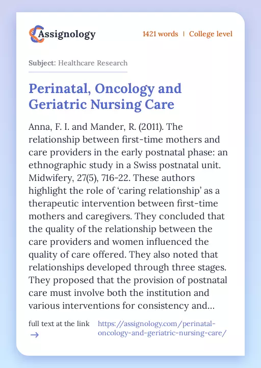 Perinatal, Oncology and Geriatric Nursing Care - Essay Preview
