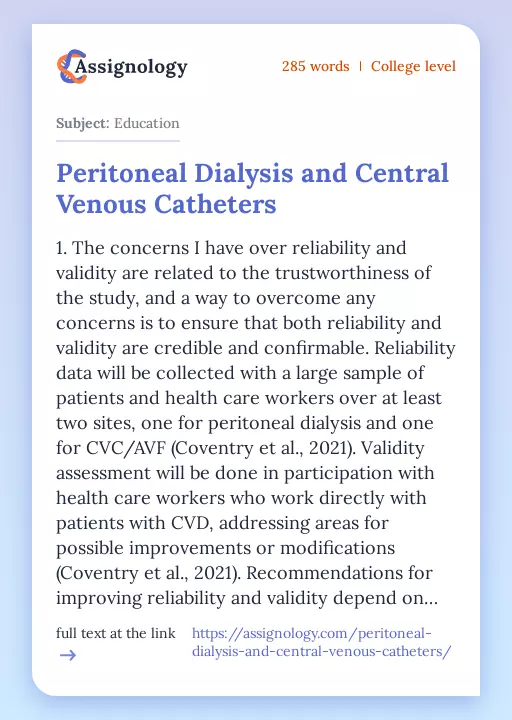 Peritoneal Dialysis and Central Venous Catheters - Essay Preview