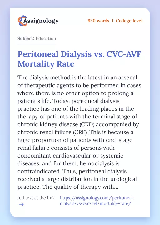 Peritoneal Dialysis vs. CVC-AVF Mortality Rate - Essay Preview