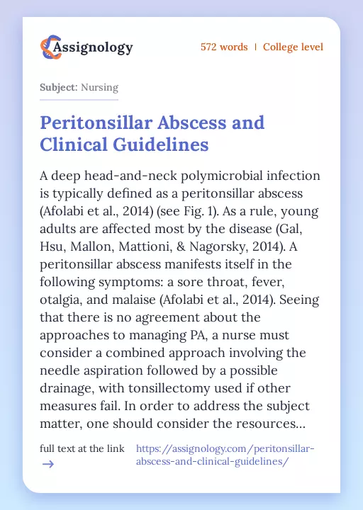 Peritonsillar Abscess and Clinical Guidelines - Essay Preview