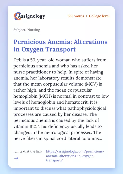 Pernicious Anemia: Alterations in Oxygen Transport - Essay Preview