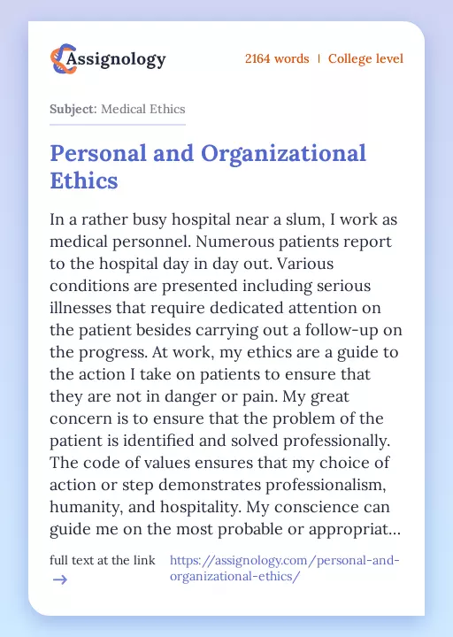 Personal and Organizational Ethics - Essay Preview