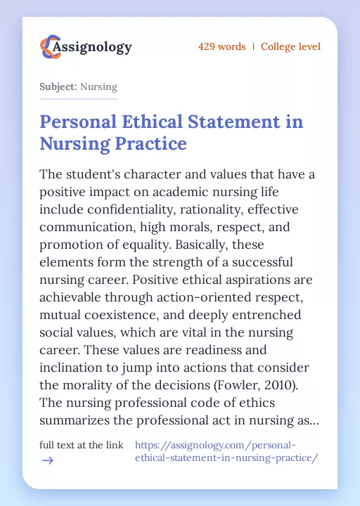 Personal Ethical Statement in Nursing Practice - Essay Preview