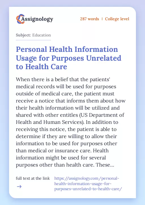 Personal Health Information Usage for Purposes Unrelated to Health Care - Essay Preview