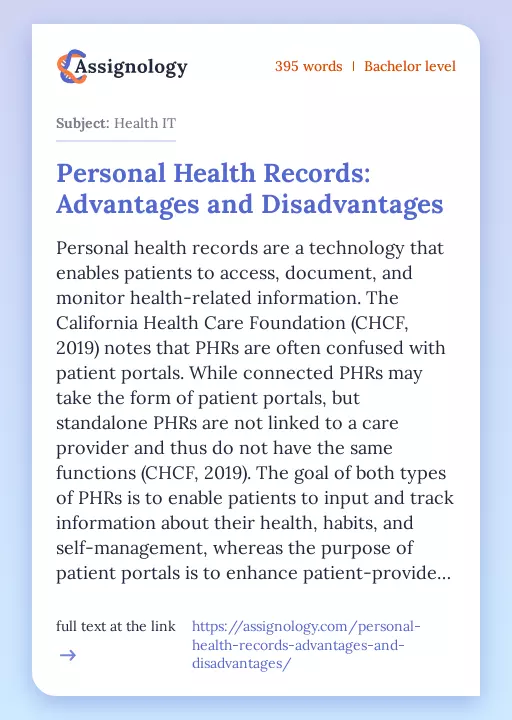 Personal Health Records: Advantages and Disadvantages - Essay Preview