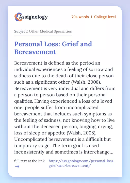 Personal Loss: Grief and Bereavement - Essay Preview