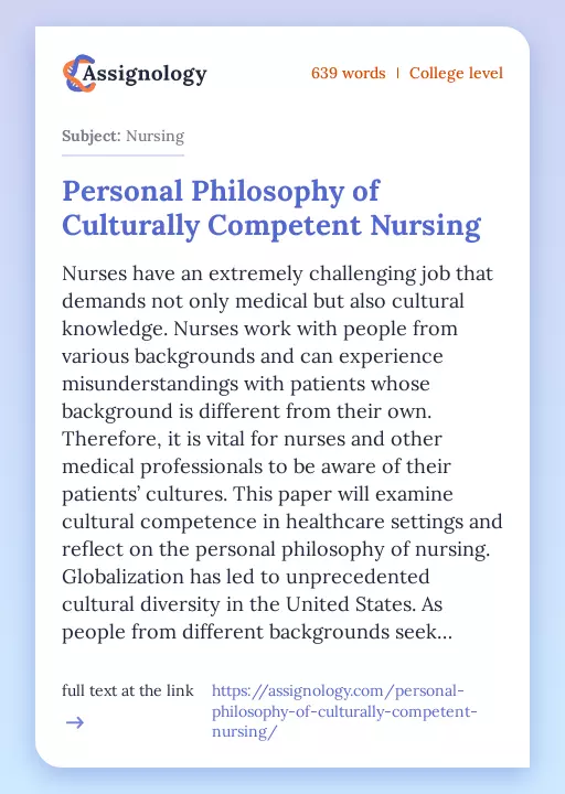 Personal Philosophy of Culturally Competent Nursing - Essay Preview
