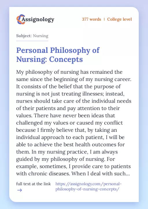 Personal Philosophy of Nursing: Concepts - Essay Preview