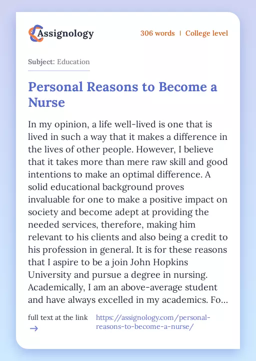 Personal Reasons to Become a Nurse - Essay Preview
