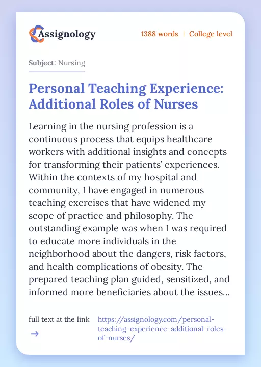 Personal Teaching Experience: Additional Roles of Nurses - Essay Preview