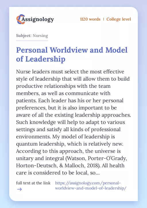 Personal Worldview and Model of Leadership - Essay Preview