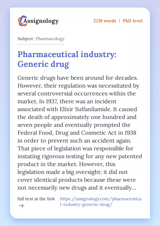 Pharmaceutical industry: Generic drug - Essay Preview