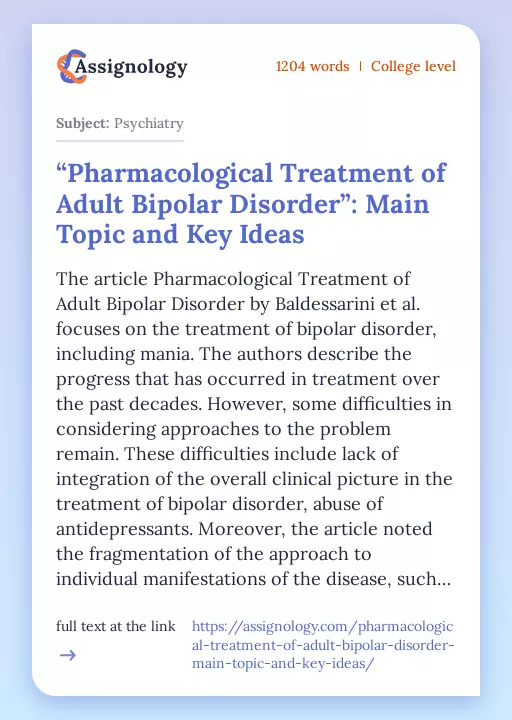 “Pharmacological Treatment of Adult Bipolar Disorder”: Main Topic and Key Ideas - Essay Preview