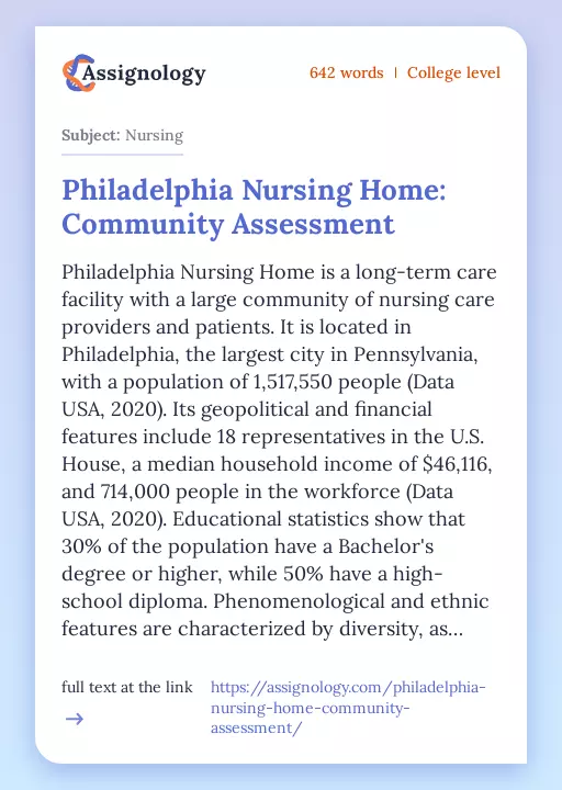 Philadelphia Nursing Home: Community Assessment - Essay Preview
