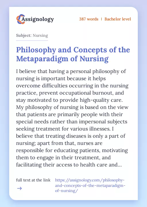 Philosophy and Concepts of the Metaparadigm of Nursing - Essay Preview