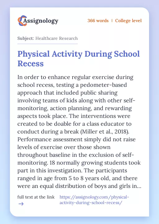 Physical Activity During School Recess - Essay Preview