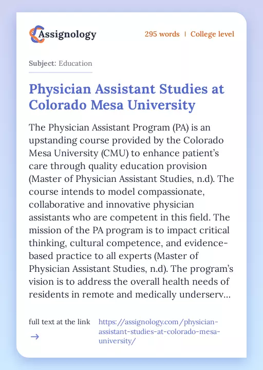 Physician Assistant Studies at Colorado Mesa University - Essay Preview