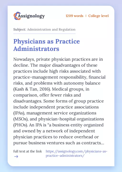 Physicians as Practice Administrators - Essay Preview